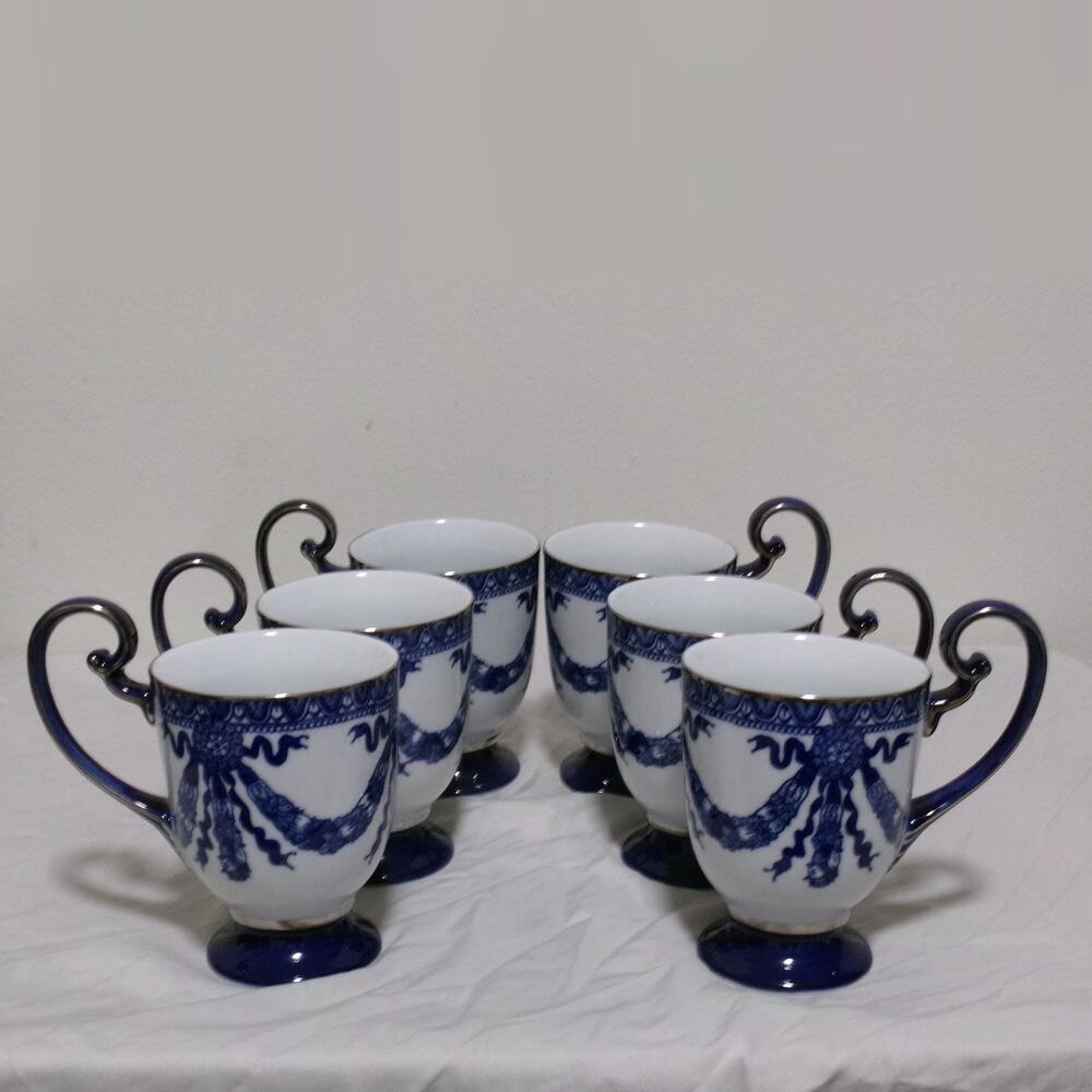Vintage Bombay Co Arabesque Cobalt Blue Pedestal Mugs Set of 6 Silver Rim